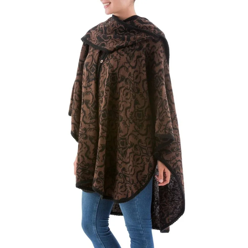 NOVICA Alpaca Ruana Button Front Poncho‎ Cloak Black Brown One Size Layering